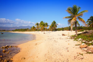 Wavy beach with water reaching golden sand and palm trees in distance. Best beaches in Cuba Playa Ancon